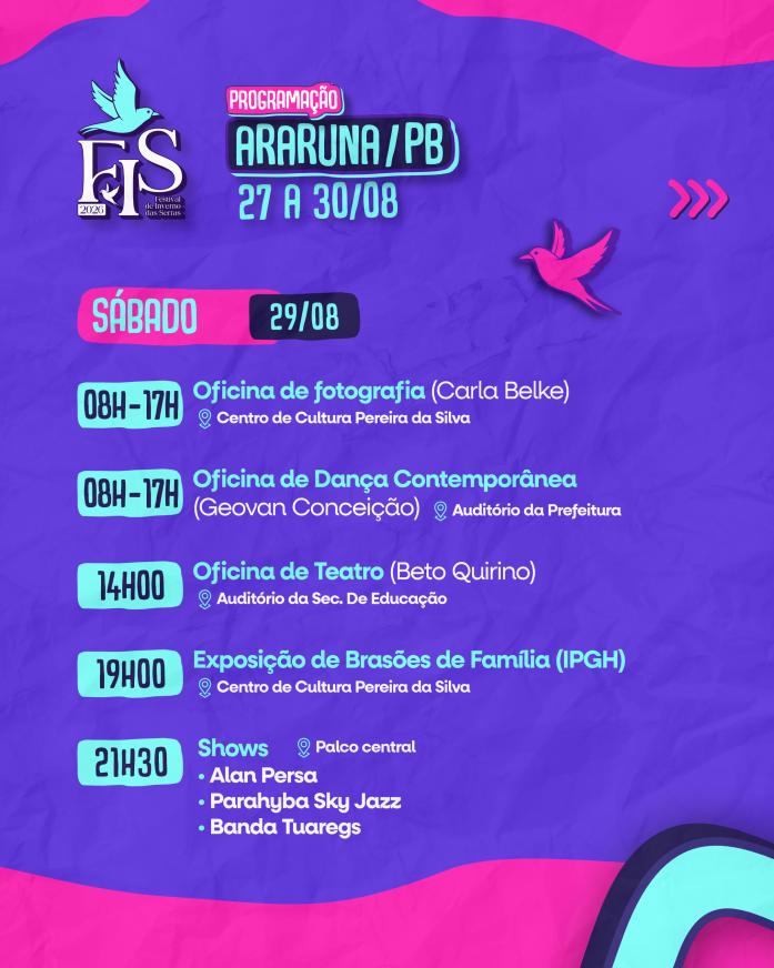 Programação de sábado, 29 de agosto