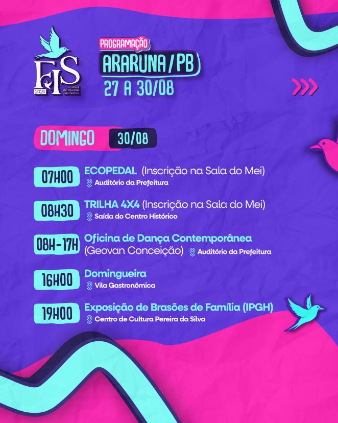 Programação de domingo, 30 de agosto